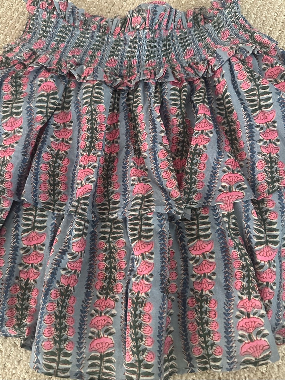 Smocked Waist Mini Skirt in Pink Floral on Blue